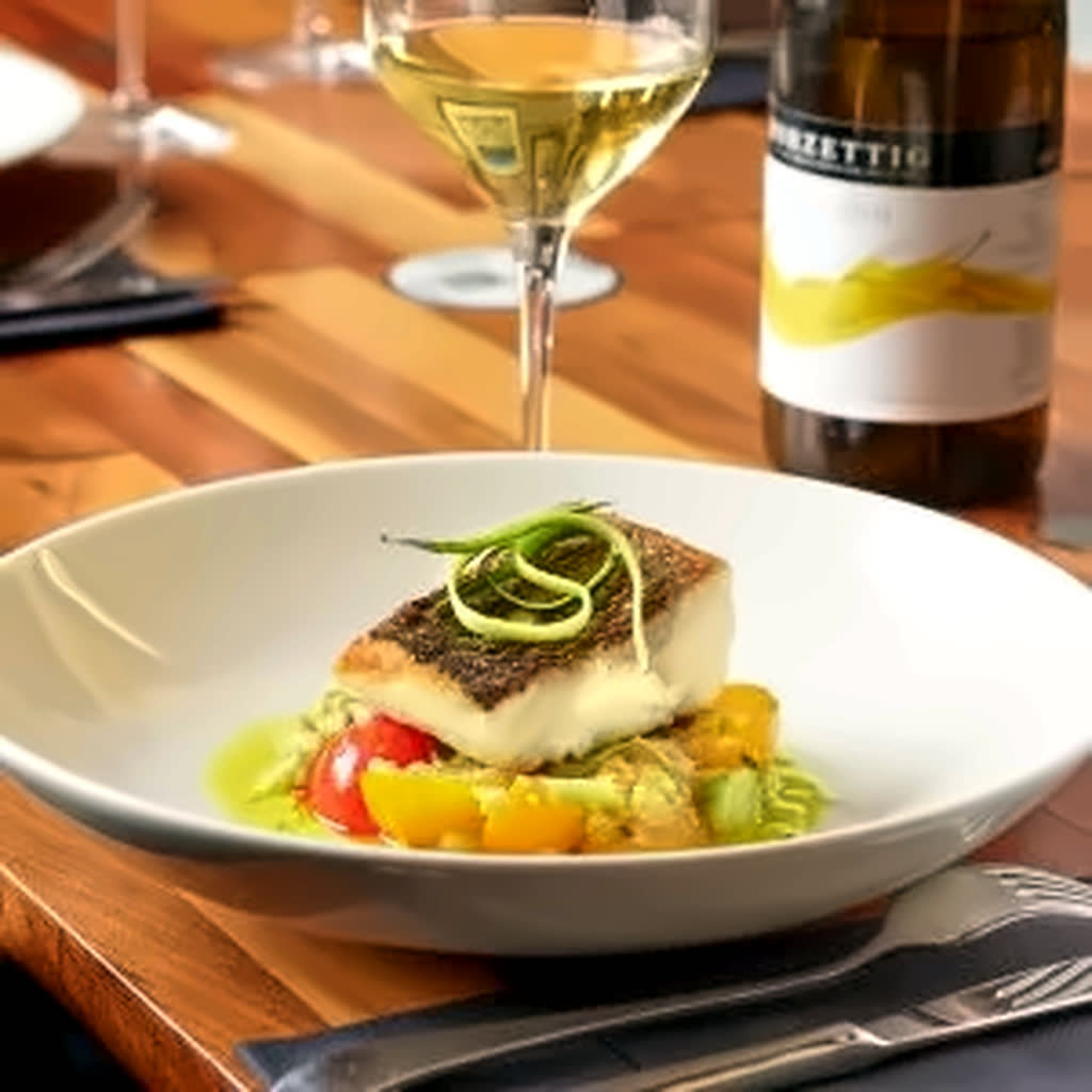 Filet de poisson rôti, légumes et condiment vert, servi avec un verre de vin blanc
